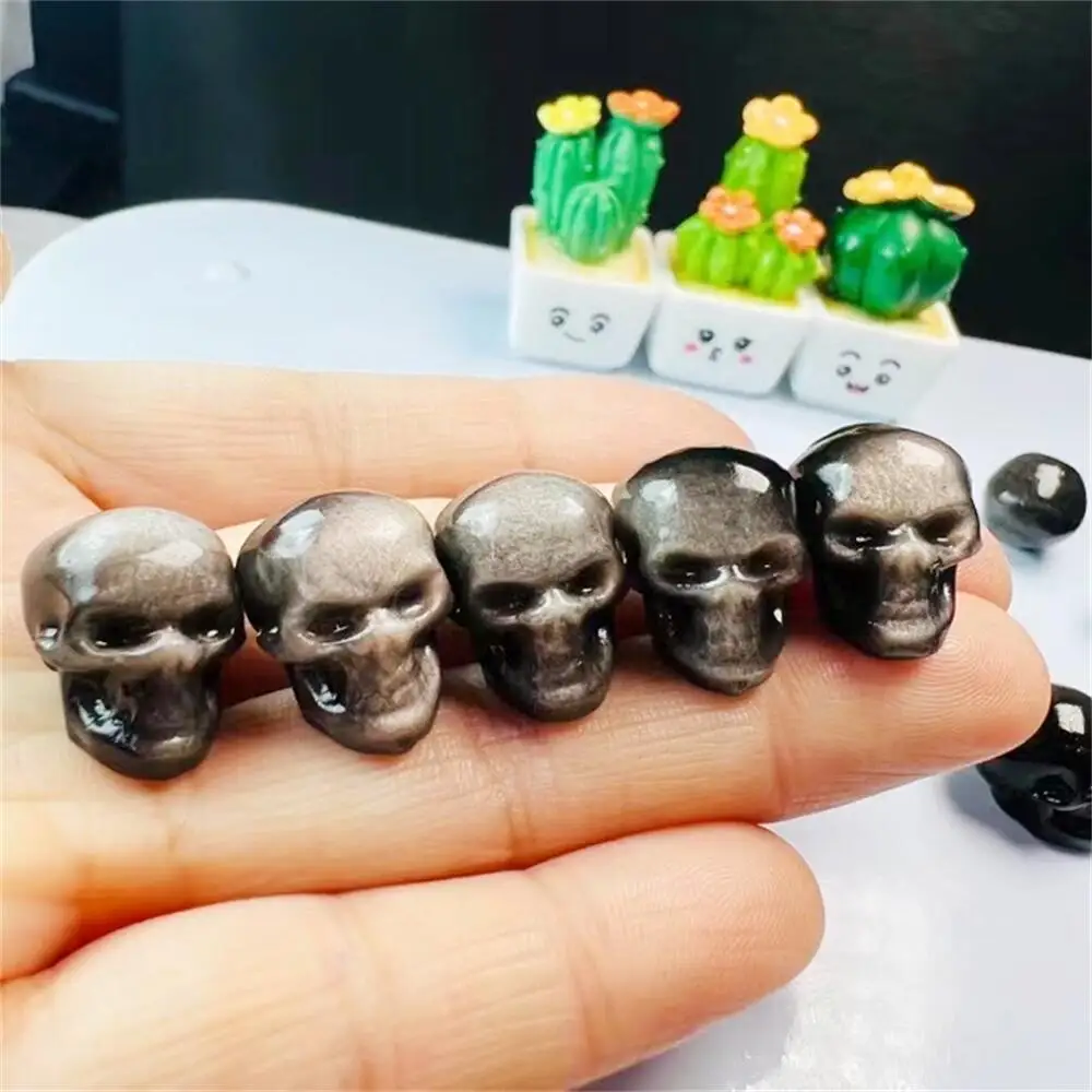 5PCS Natural Silver Obsidian Skull Carving Figurine Crafts Healing Crystals Carving Halloween Gift Home Decoration 13MM