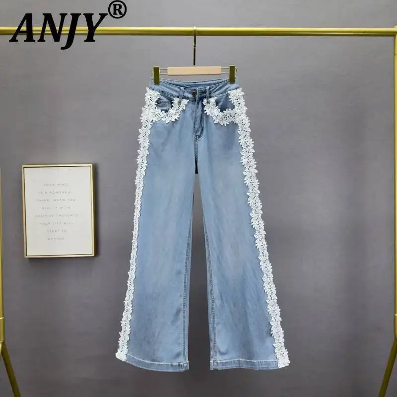 

ANJY Spring Autumn New Women Stylish Embroidered Patchwork Loose Slim Jeans Retro Washed Distressed Wide-Leg Denim Pants A23822