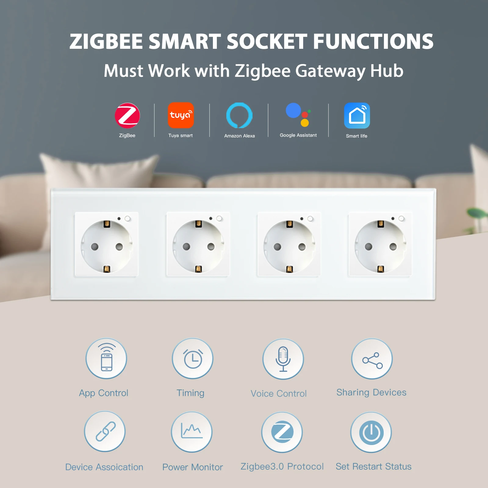 BSEED EU ZigBee Wall Sockets Quadruple Sockets 16A Power Monitor Sockets Glass Panel Support Tuya App Google Alexa Voice Control