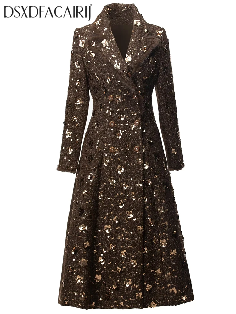 

DSXDFACAIRIJ Осеннее женское двубортное твидовое пальто с блестками и перьями с отложным воротником и длинными рукавами, уличная верхняя одежда