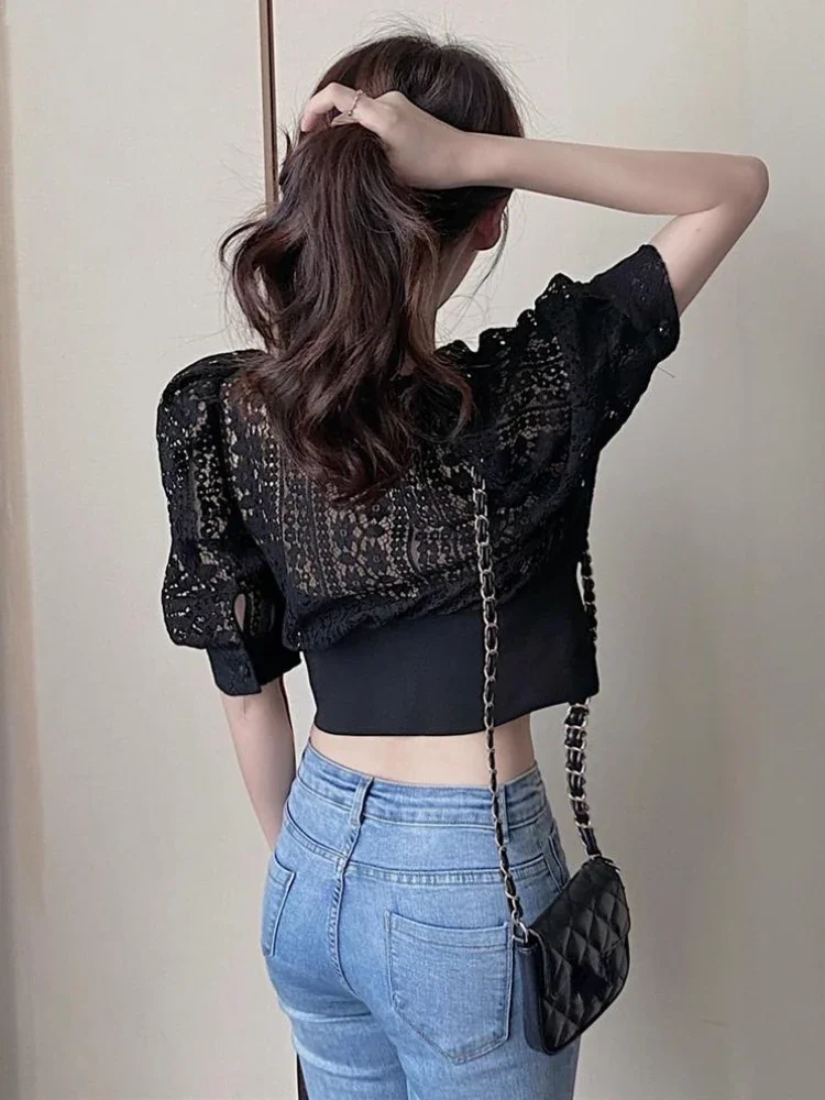 Sweet Crochet Top Blouse Women Sexy Hollow Out Shirt Vintage Puff Sleeve Korean  Shirts Fashion Chic Tops Blusas