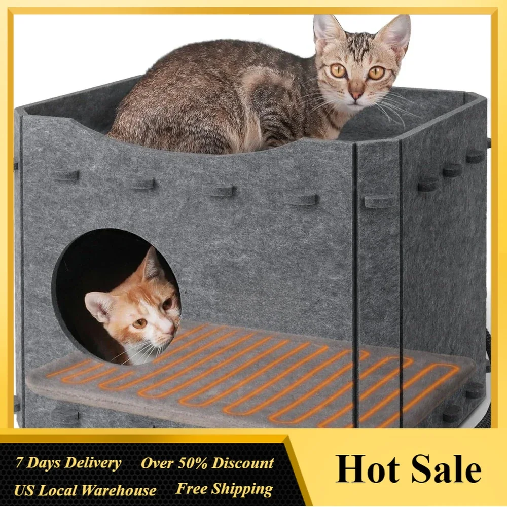 Sturdy Felt Heated Cat Cave with Heating Pad,Scratch Resistant Cat House Up to 30lbs,Large Indoor Cat Beds