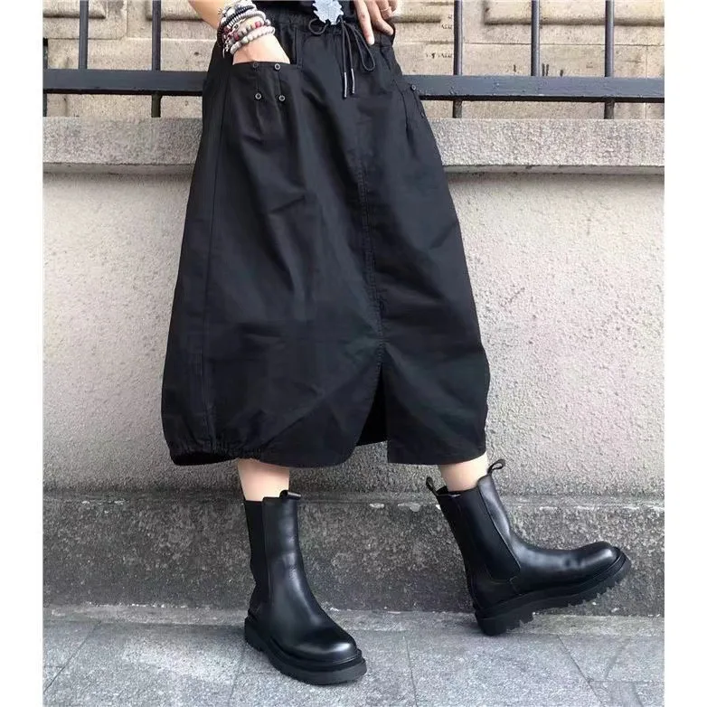 

Cotton Linen Women Midi Skirt High-Waist Pockets Buttons Decor Large Hem A-Line Casual Skirt Autumn Solid Color Retro Skirt