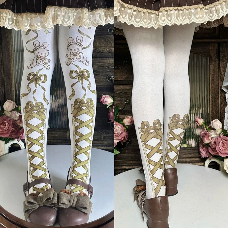 60D женские колготки с высокой талией, эластичные чулочно-носочные изделия для девочек, колготки в стиле Лолиты для косплея, осенне-весенние бархатные чулки с принтом кролика