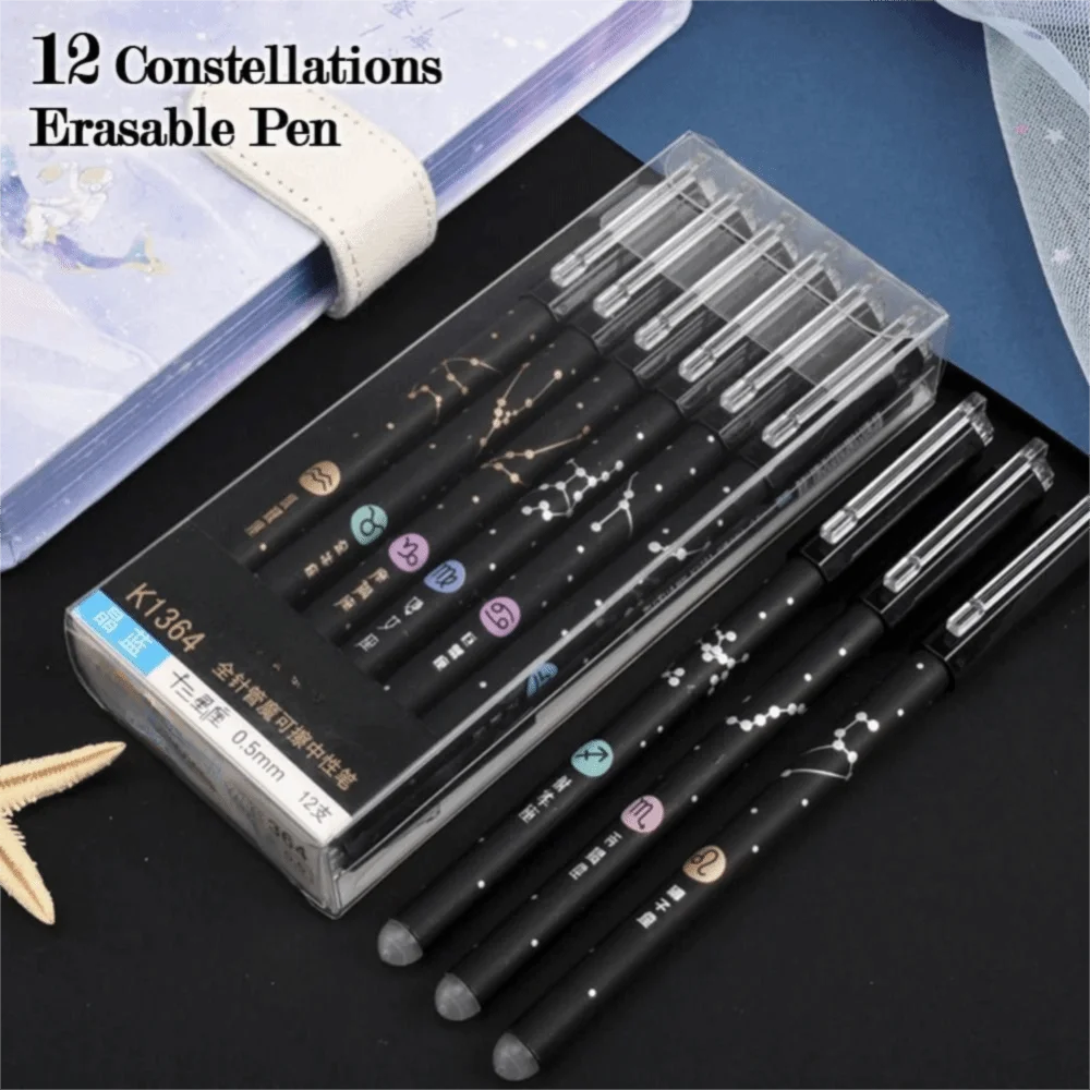 

12Pcs/Set 12 Constellations Erasable Gel Pen 0.5mm Fine Point Refillable Smooth Gel Pen Blue&Black Ballpoint Pen Writing Tool