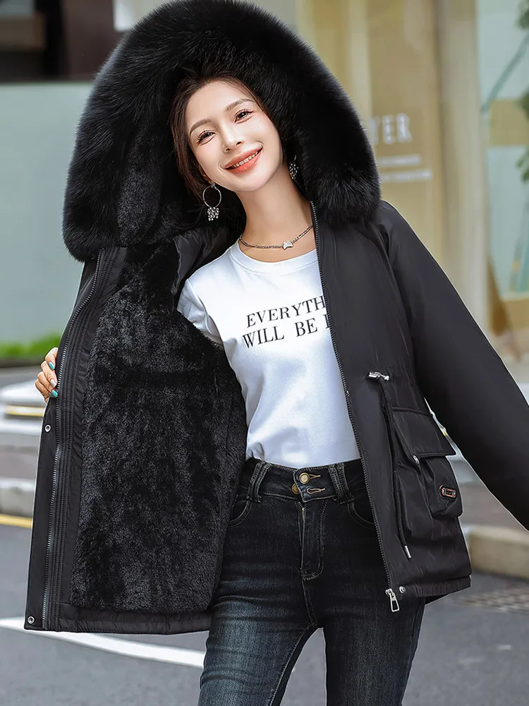 Vielleicht 2024 New Winter Women Jackets Coat Clothes Vintage Wool Liner College Style Medium Length Fur Hooded Parkas Outwear