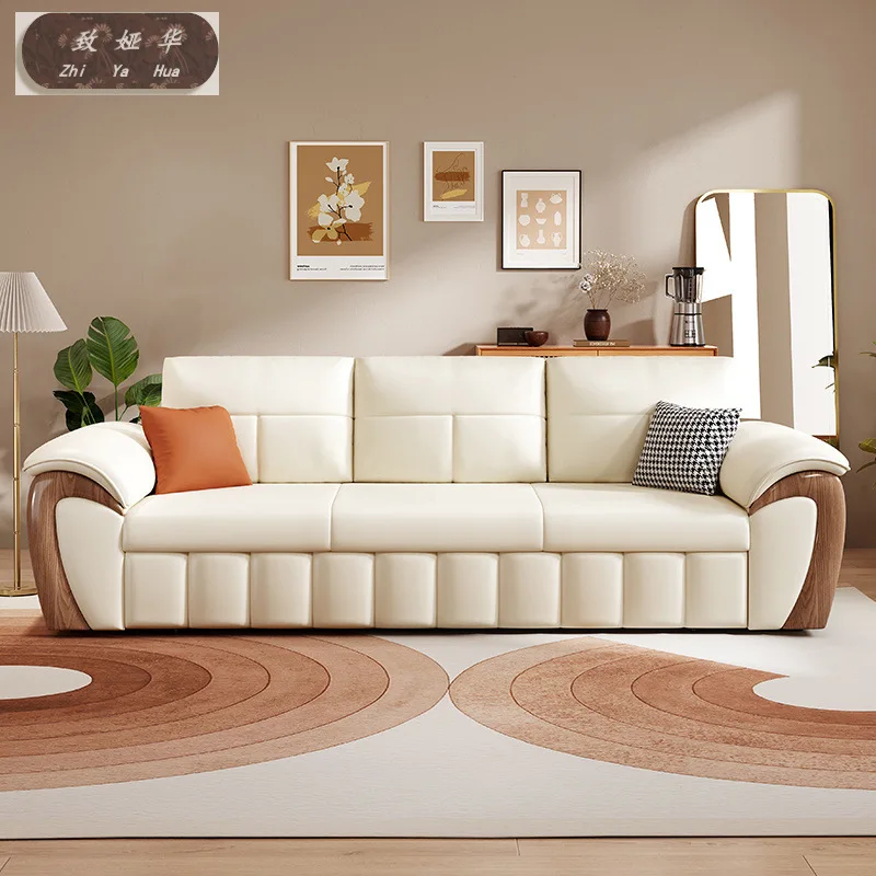 Dual-purpose living room folding lazy storage straight row cat scratching leather sofa new solid wood becomes retractable