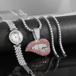 Stylish Women Watch Set Hip-hop Punk Inlaid Diamond Hot Sexy Lips Pendant Necklace&Watch Silver Tennis Chain Luxury Jewelry Gift