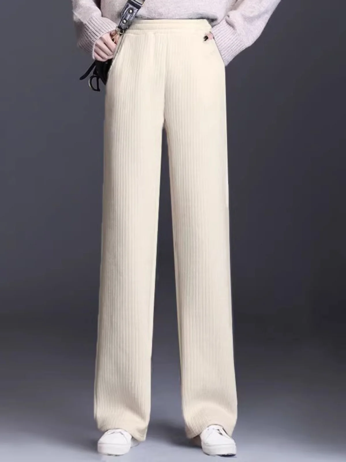 Hohe Taille Cordhose mit weitem Bein Damen Herbst Winter Faion Abnehmen Bla Straight Leg Fce Gefüttert Warm Drapey Casual...