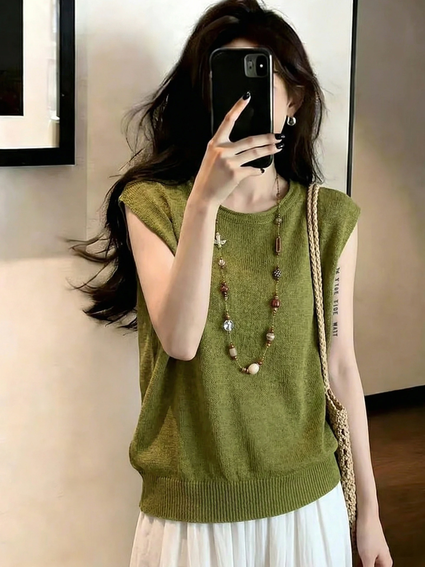 

Korean Style Comfortable Soft Knitted Short Sleeve Summer Top Pure Color Versatile Casual Fashion Retro Design Commute Wind