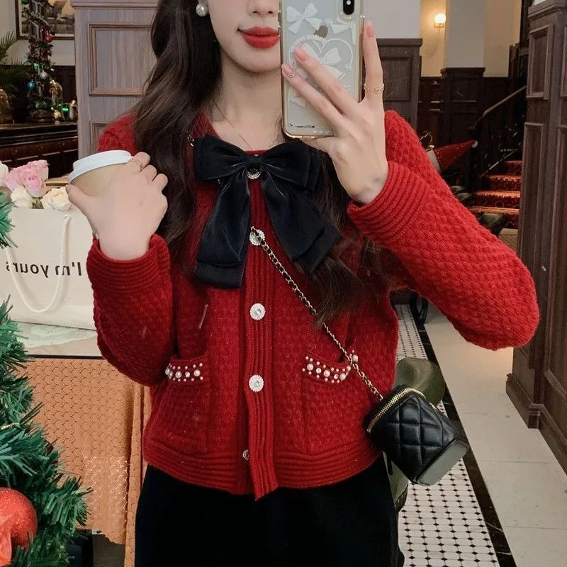 Sweater Knitted Cardigan Coat Design Sense Short Sweater Female 2023 Foreign Long Sleeve O Neck Sweater Cardigan Female Tops