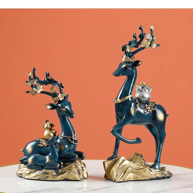 Golden Deer Animal Sculpture Modern Home Decoration Handicraft Couples Plum Blossom Figures Accessories