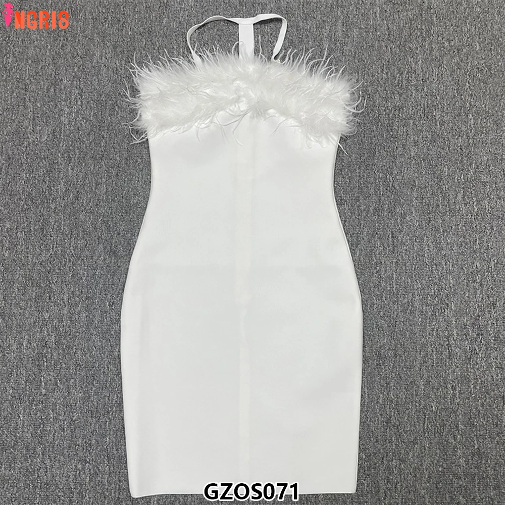High-end ชุดราตรีชุดราตรีผู้หญิงฤดูร้อนใหม่นกกระจอกเทศสุภาพสตรีผ้าพันคอแฟชั่น Halter Feather Party Dress-GZOS071