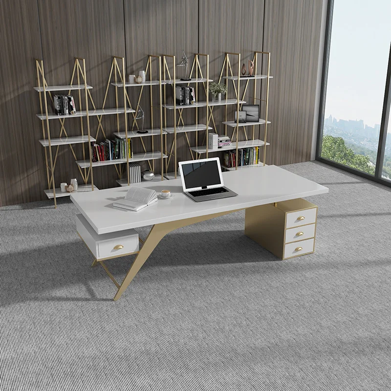 

Simple modern computer desk Nordic white lacquered solid wood President's desk with drawers Light luxury boss table