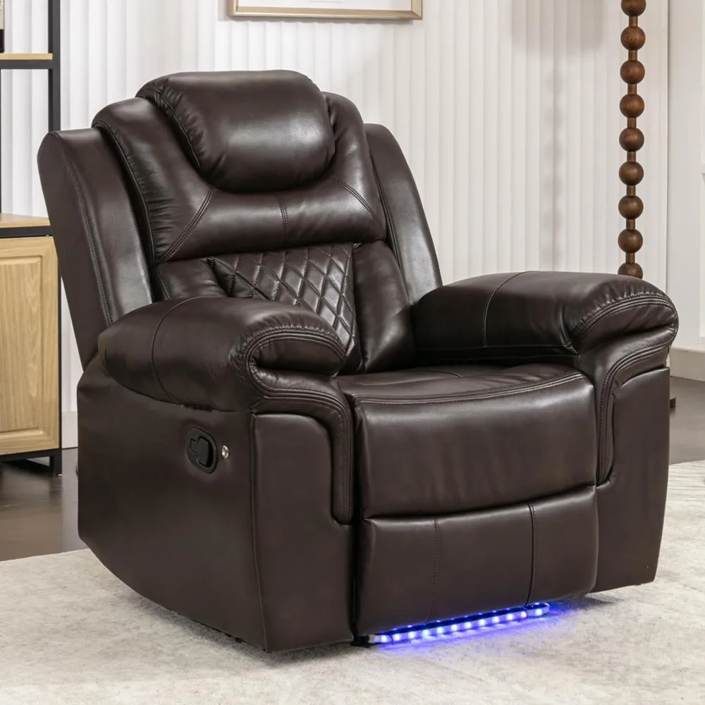 Leather Recliner Chair with Adjustable Backrest, Modern Home Theater Seating with LED Light Strip for Living Room, Home Theater