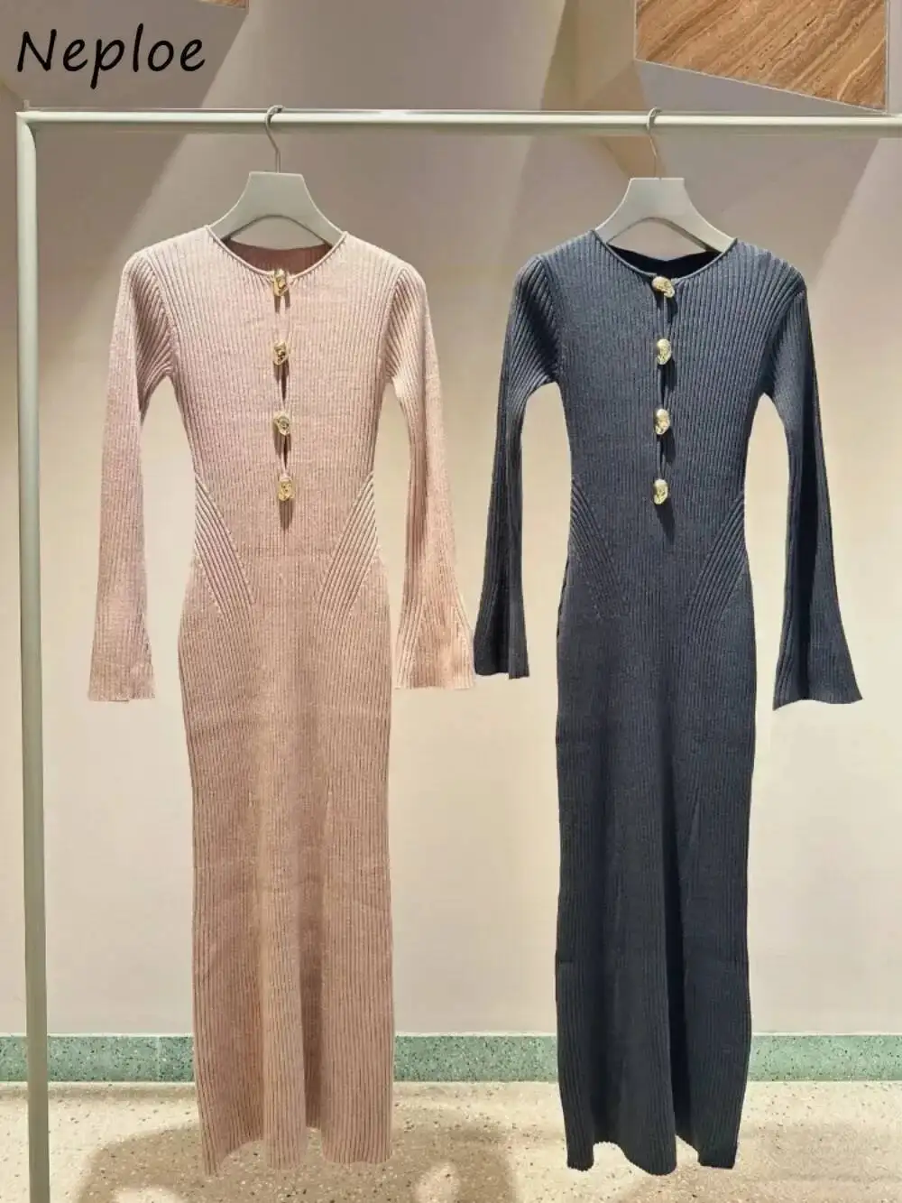 

Temperament Mid-Length O Neck Flare Sleeve Robe Slim Knit Button Stripe New Dress Japan Moda Elegant Exquisite Vestidos