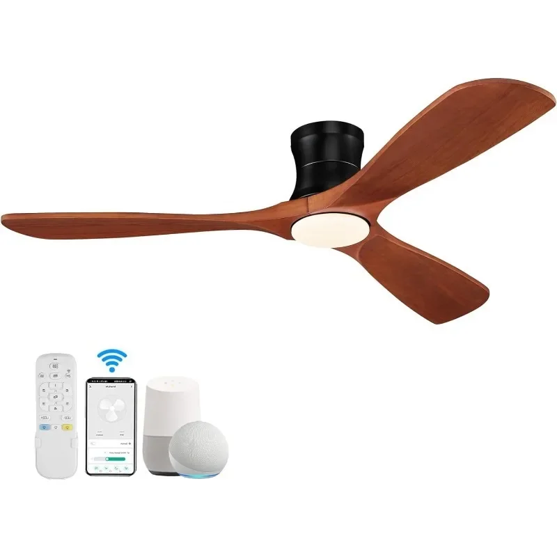 Smart 52” Wood Flush Mount Ceiling Fans with Lights Remote,Outdoor Indoor Low Profile Ceiling Fan, for Bedroom Patio