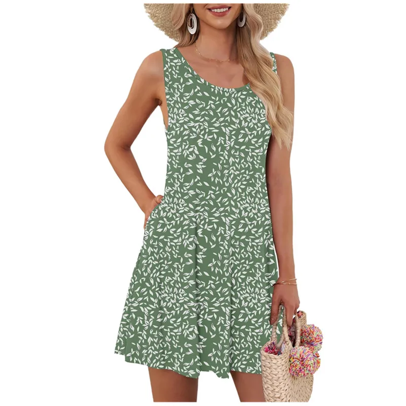 9XL Plus Size Women's Casual Holiday Dress Summer Sleeveless Loose Sundress Floral Print Dresses Women Vest Pockets Beach Dress