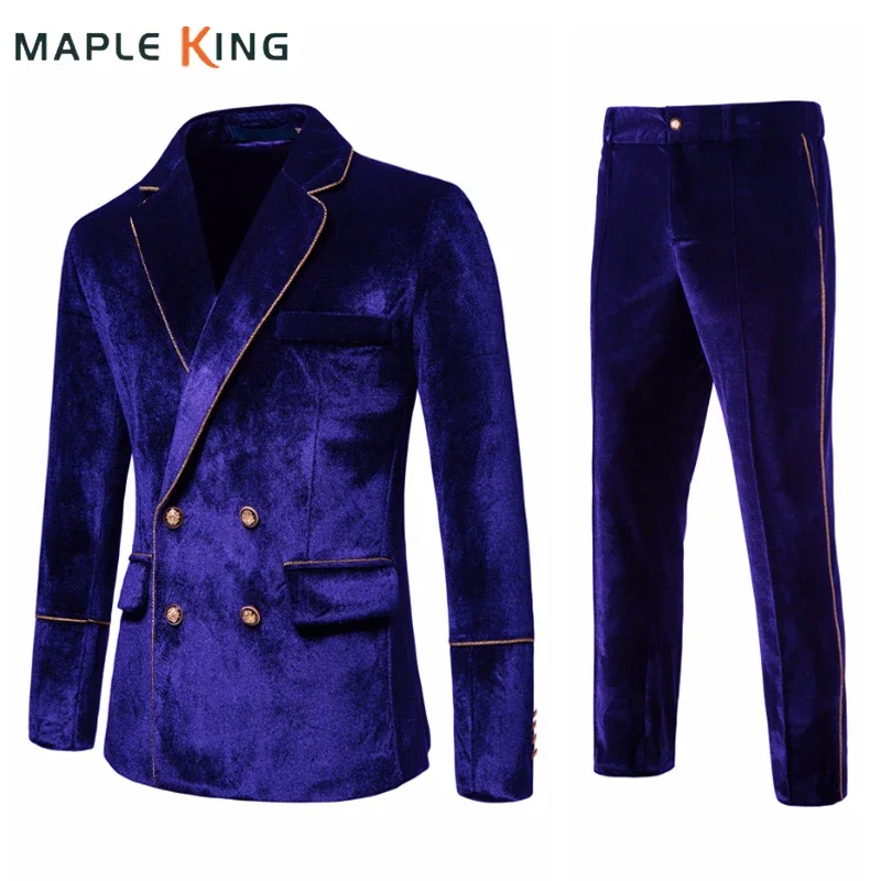 Wedding Grooms Suit for Men 2 Pcs Blazer + Pant Costume Luxe Velvet Gold Trim Double-breasted Elegant Jacket Complet Pour Homme