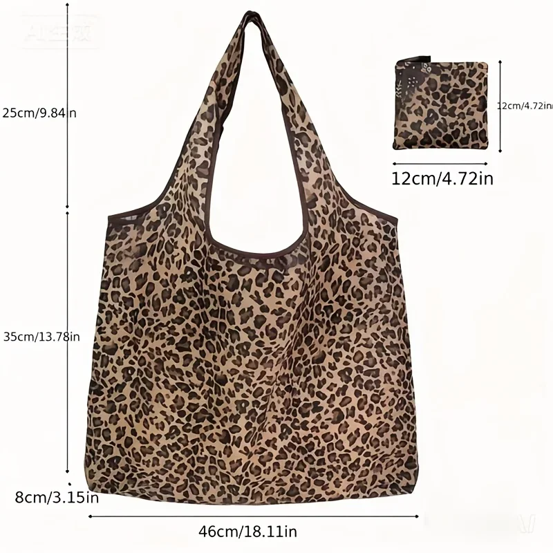1pc Leopard Print Foldable Shopping Bag Large Reusable Tote Bag Polyester Handbag Durable Grocery Bag for Daily Use and Travel - view 6