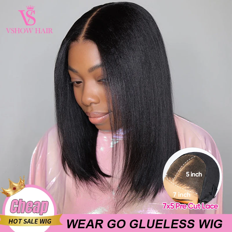 

VSHOW Kinky Straight Bob Парики из натуральных волос Wear Go Glueless 7x5 HD Lace Front Предварительно отбеленные готовые к ношению Плотность 200%