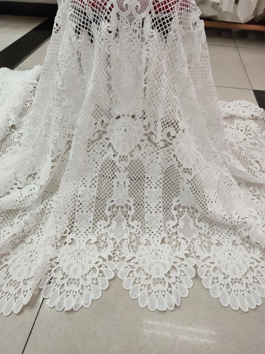 Latest White African Gipure Cord Lace Fabric 2023 High Quality Nigerian Water Soluble Lace Fabric For Wedding Material KJFT2332A