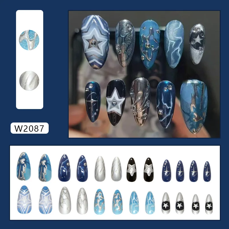 24個入り 3Dライン＆スタープレスオンネイル キャットアイリップルと深海ギャラクシー効果付き、ミディアムアーモンドシェイプ、アソートサイズ