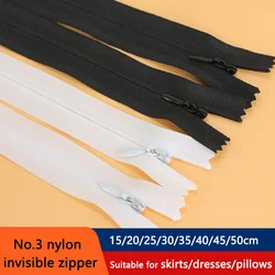 No.3 Nylon Invisible Zipper Black White Single Head Closed Tail Self-locking Pull Head Suitable for Dresses Pants Pillows Sewing