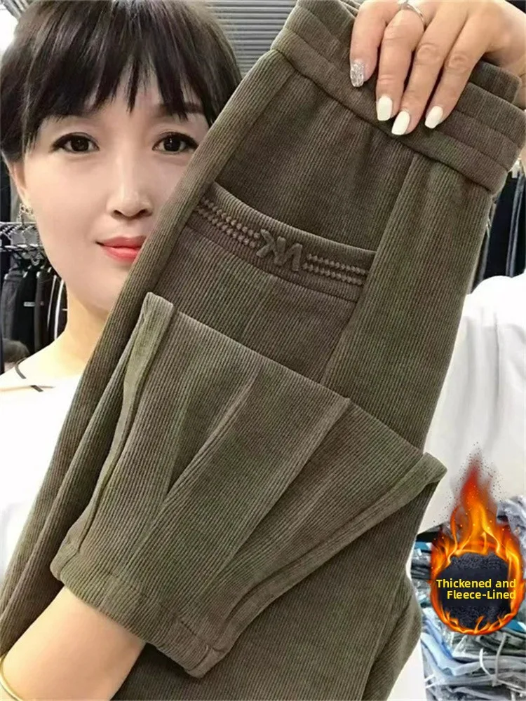 High Waist Loose Long Corduroy Lantern Pants Women's Casual Harlan Trousers Khaki Color Commute Style Fashionable Straight Leg