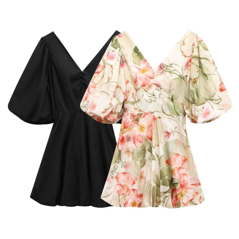 

Topenomi Girl Dress Summer European American Style Printed Back Lace Up Bubble Sleeve Short Dresses Lady Elegant Party Vestidos