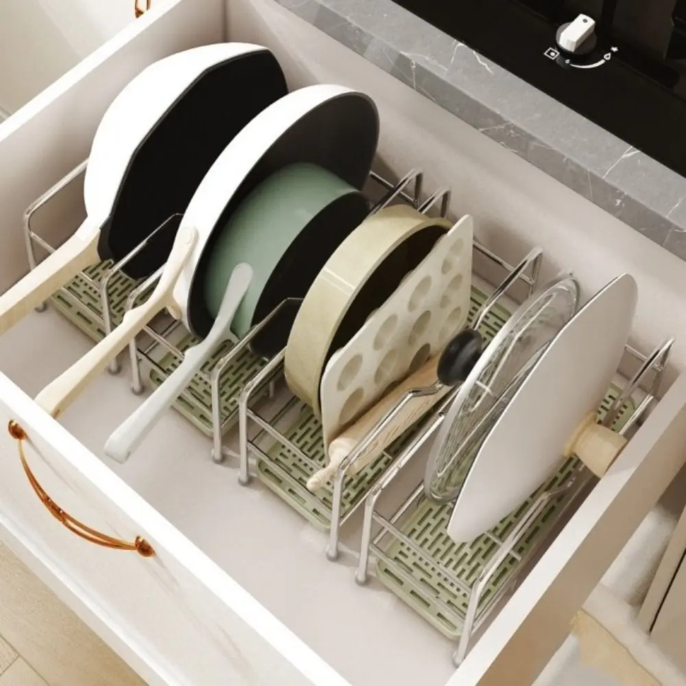 Stable Stainless Steel Cookware Storage Rack Space Saving with Drainage Tray Cutting Board Holder Rustproof Pot Lid Rack Kitchen