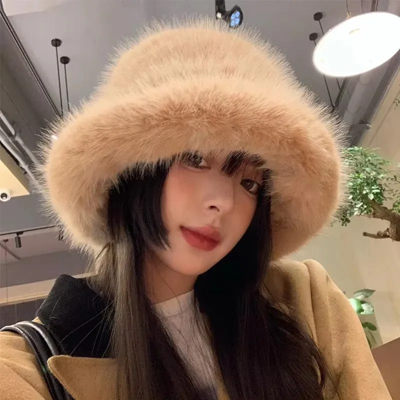 Y2k Fluffy Warm Thick Plush Bucket Hats Women Rabbit Fur Warm Faux Fur Winter Hat Grils Ins Fashion Furry Panama Fisherman Cap