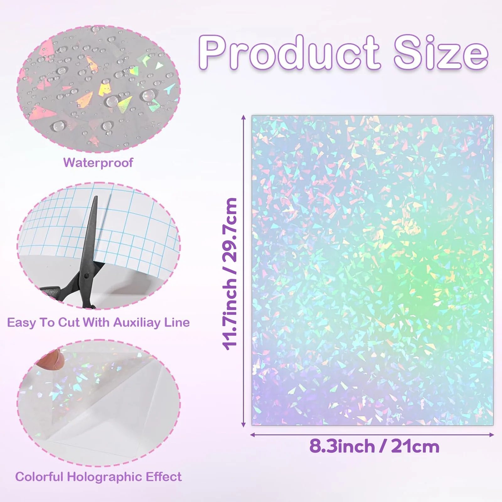 20 Sheets A4 Holographic Cold Laminating Film Clear Self-Adhesive Vinyl Sticker 8.3x11.7 Inch Waterproof 5 Styles