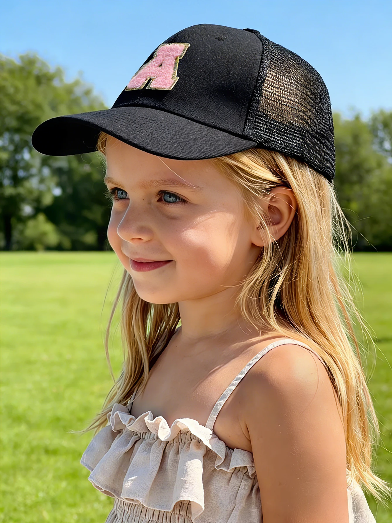 1pc Child's Black 26 Letter Print Mesh Cap, Baby Unisex Baseball Sunvisor Hat, Suitable For Outdoor Activities And Daily Wear, S view 3