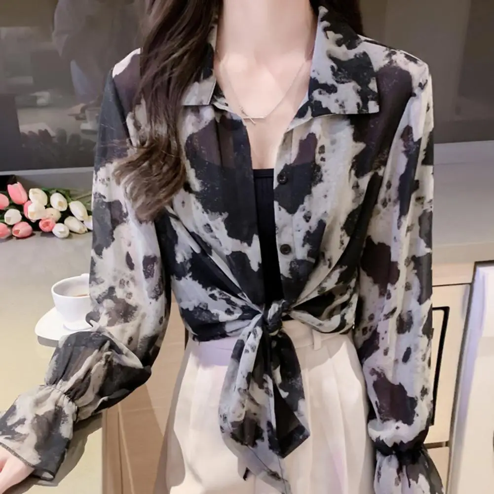 

Summer Sunscreen Coat Turn-down Collar Long Sleeve Single Breasted Irregular Printing Front Lace-up Chiffon Ultrathin Jacket