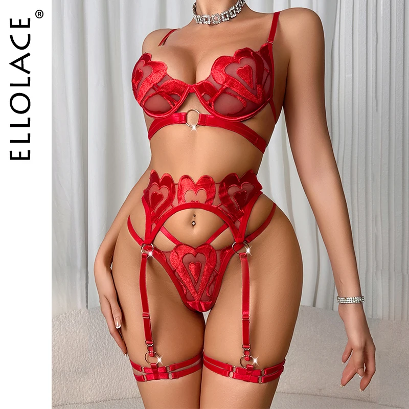 

Ellolace Premium Sexy Female Lingerie Romantic Heart Embroidered Bra Belt Thong 3PC with Leg Circles Sparkling See Through Kit