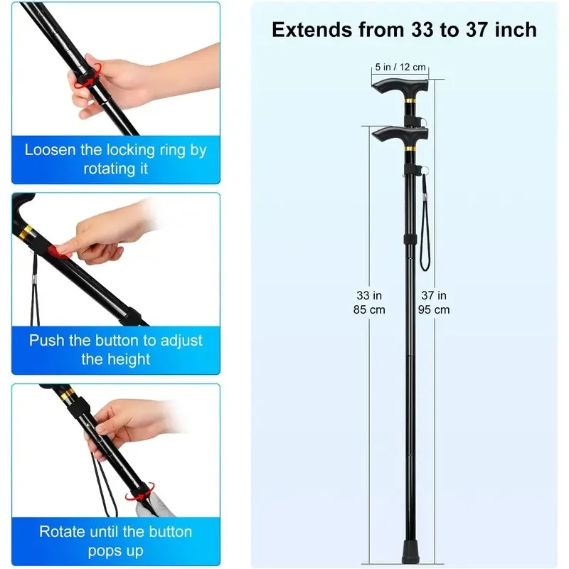 Folding Cane Portable 5 Level Adjustable Height Walking Stick Foldable Mobility Aid with Wrist Strap Anti Slip Tip for Seniors