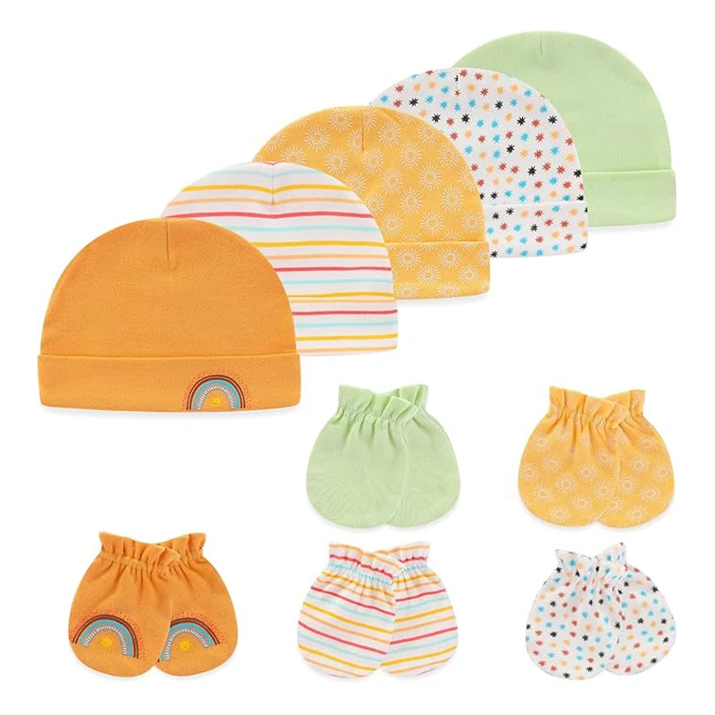 Unisex Newborn Cotton Baby Girls Hats+Gloves Set Fitted Cartoon Baby Boys Nightcap Solid Color Infant Accessories