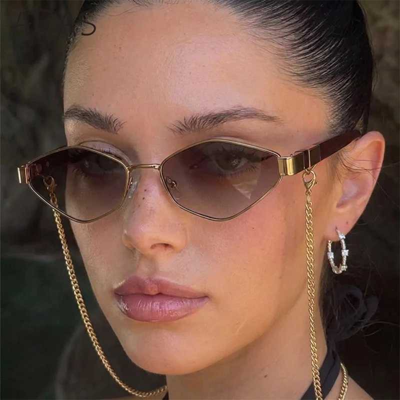 

Сексуальные маленькие шестиугольные солнцезащитные очки для женщин с цепочкой, 2026, люксовый бренд, модные панк-очки для путешествий, женские многоугольные очки