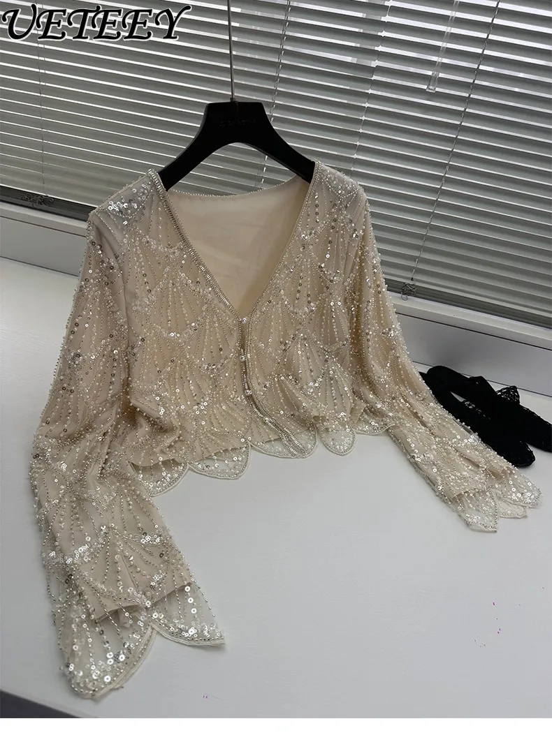 

Sequins Embroidery Beads Lotus Leaf Long Sleeve T Shirt Women Shiny Silk Sparkling Cardigan Top Spring and Summer Women Clothing