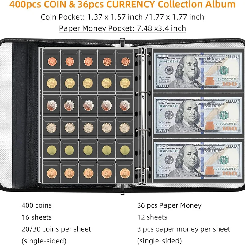 Coin Collection Album Fireproof Document Password Bag 12/18 Pages 36/400 Pockets Coin Money Storage Zipper Safety Organizer