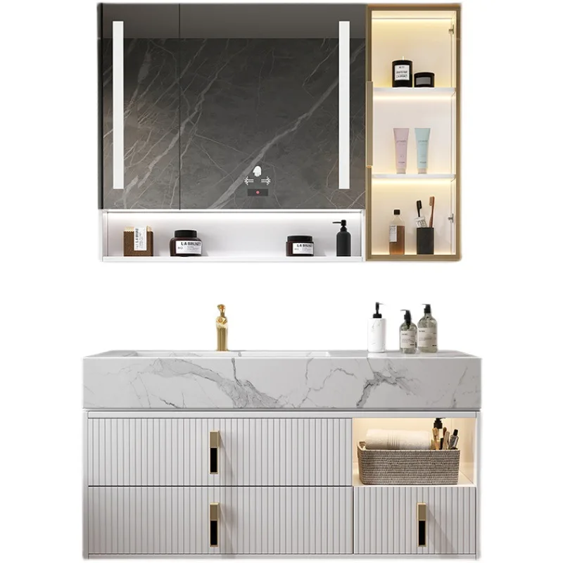

New luxury modern bathroom vanity with rock table and luminous mirror, contemporary design
