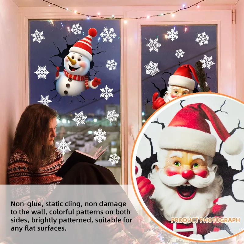 Christmas Wall Stickers 3D Crack Santa Claus Snowman Elk Window Glass Electrostatic Stickers Merry Christmas Happy New Year 2026