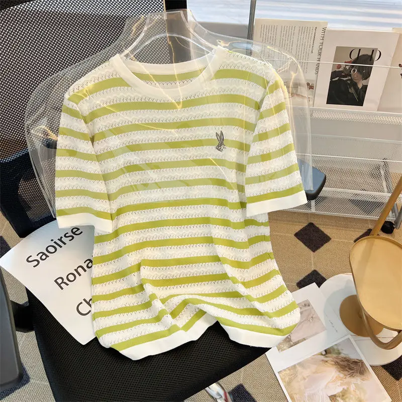 Summer Casual Loose Embroidery Striped T-shirt Women Fashion O-neck Short Sleeve Knit Top Tee Chic Hollow Out Thin Pullovers