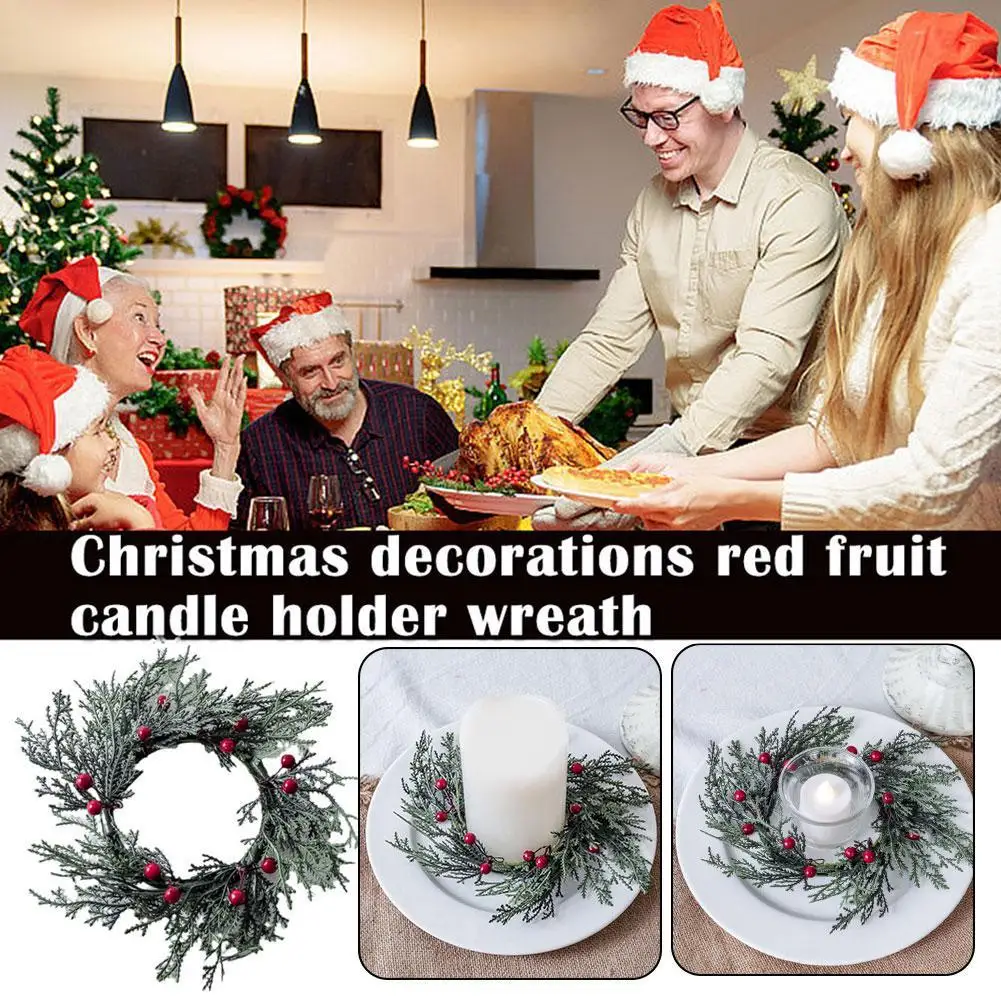 1/4PcsPine Needle Candlestick Wreath for Christmas Table Decoration Artificial Leaves Candle Candlestick Garland Home Decor