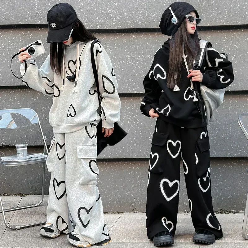 Girls Spring and Autumn Sets 2024 New Korean Children Printed Loose Hoodie Casual Work Long Pants Two Piece Set