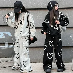 Girls Spring and Autumn Sets 2024 New Korean Children Printed Loose Hoodie Casual Work Long Pants Two Piece Set