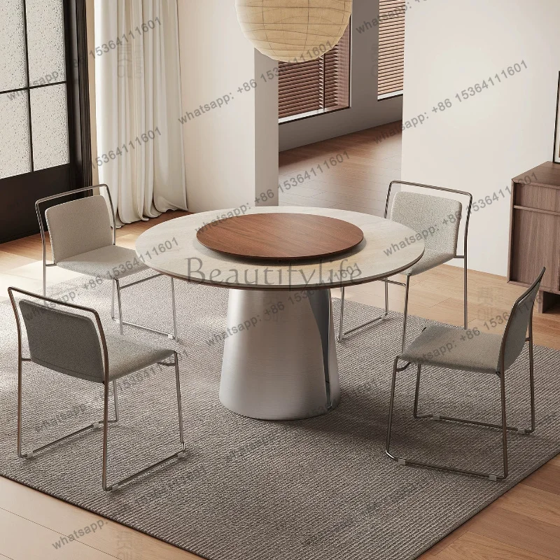 LJY Modern Luxury Travertine Rock Slab Round Dining Table Household High-end Stainless Steel Dining Tables Pliante Home Furnitur