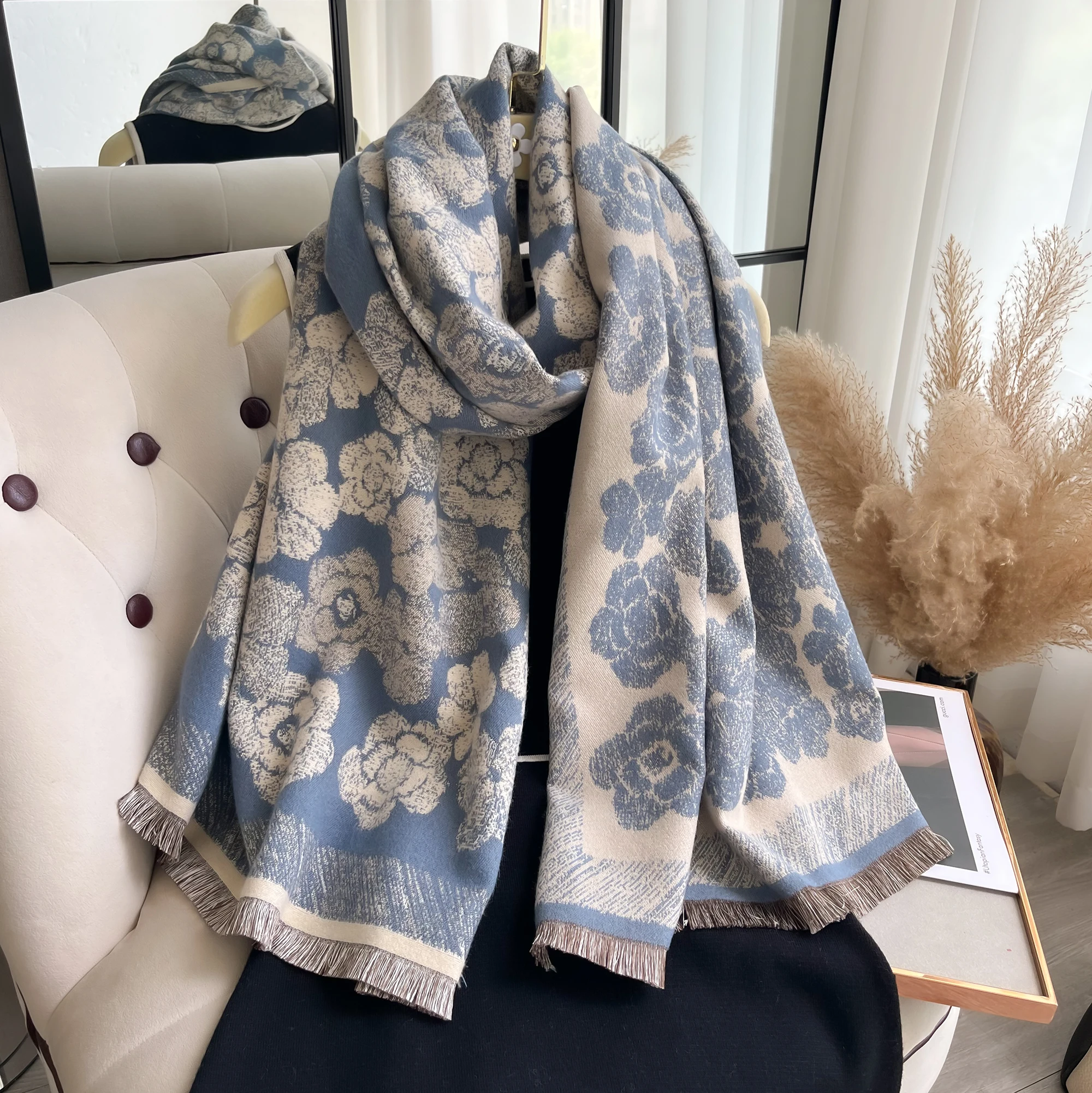 NEW Camellia Design Pattern Two-Sided Scarf Cashmere Soft Warm Fringe Pashmina Shawl Winter Coldproof Windproof Blanket Scarf