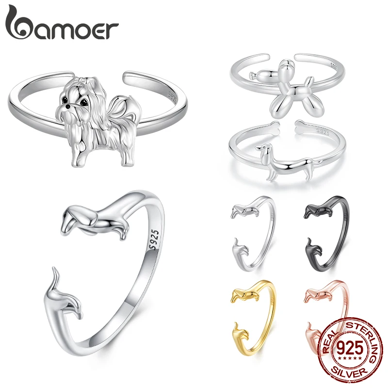 Bamoer Original 925 Sterling Silver Dog Pet Open Ring Cute Dachshund Adjustable Lovely Rings For Women Girl Daily Fine Jewelry